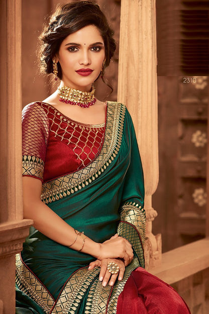 Sea Green and Scarlet Red Embroidered Designer heavy Silk Saree