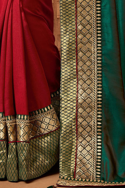 Sea Green and Scarlet Red Embroidered Designer heavy Silk Saree