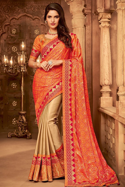 Orange and Gold two-toned Embroidered Designer heavy Silk Saree