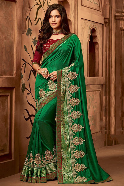 Green and Red Embroidered Designer heavy Silk Saree