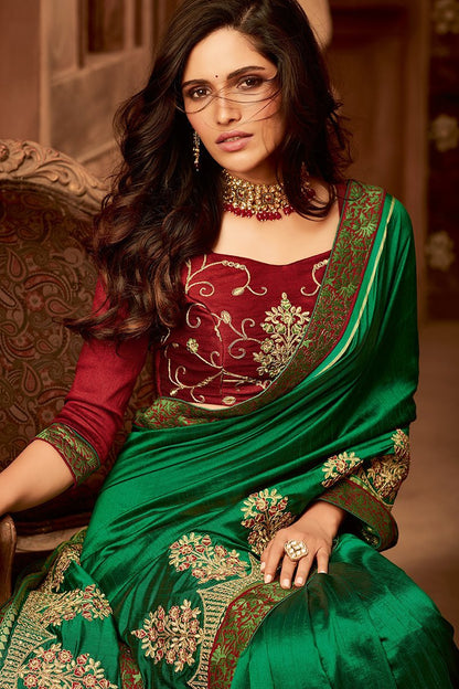 Green and Red Embroidered Designer heavy Silk Saree