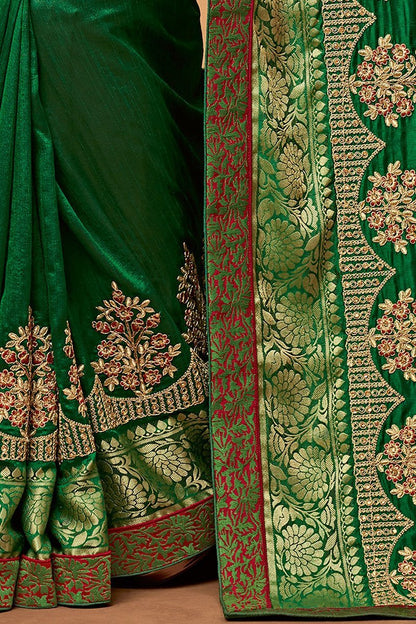 Green and Red Embroidered Designer heavy Silk Saree