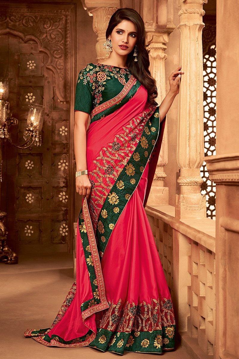 Hot Pink and Green Embroidered Designer heavy Silk Saree