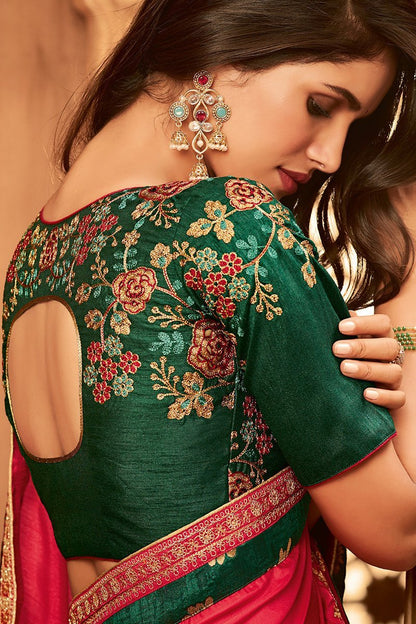 Hot Pink and Green Embroidered Designer heavy Silk Saree