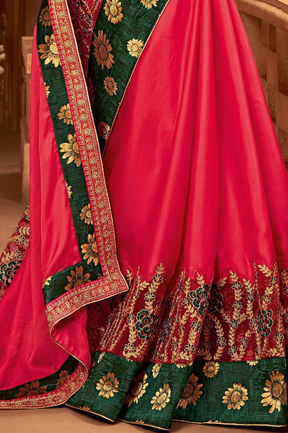Hot Pink and Green Embroidered Designer heavy Silk Saree