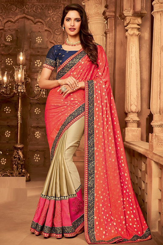 Orange and Blue Embroidered Designer heavy Silk Saree