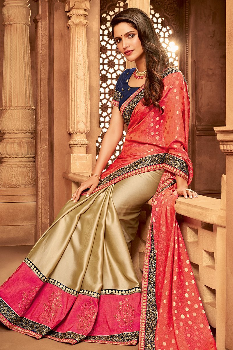 Orange and Blue Embroidered Designer heavy Silk Saree