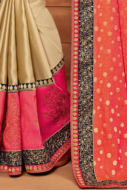 Orange and Blue Embroidered Designer heavy Silk Saree