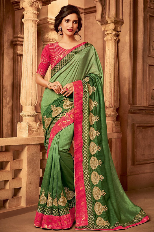 Green and Pink Embroidered Designer heavy Silk Saree