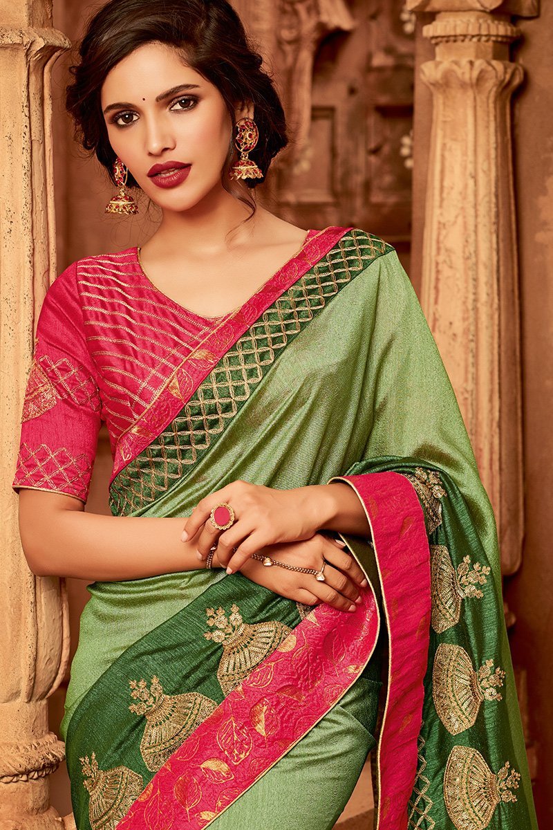 Green and Pink Embroidered Designer heavy Silk Saree