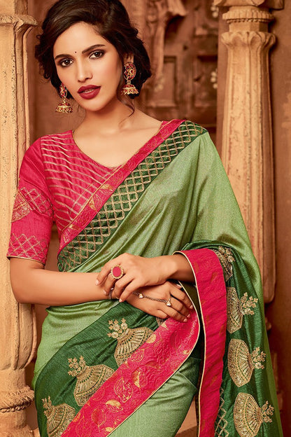 Green and Pink Embroidered Designer heavy Silk Saree