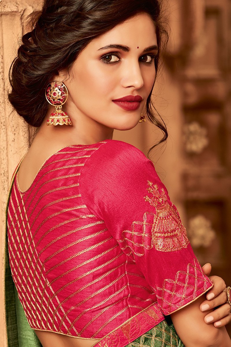 Green and Pink Embroidered Designer heavy Silk Saree