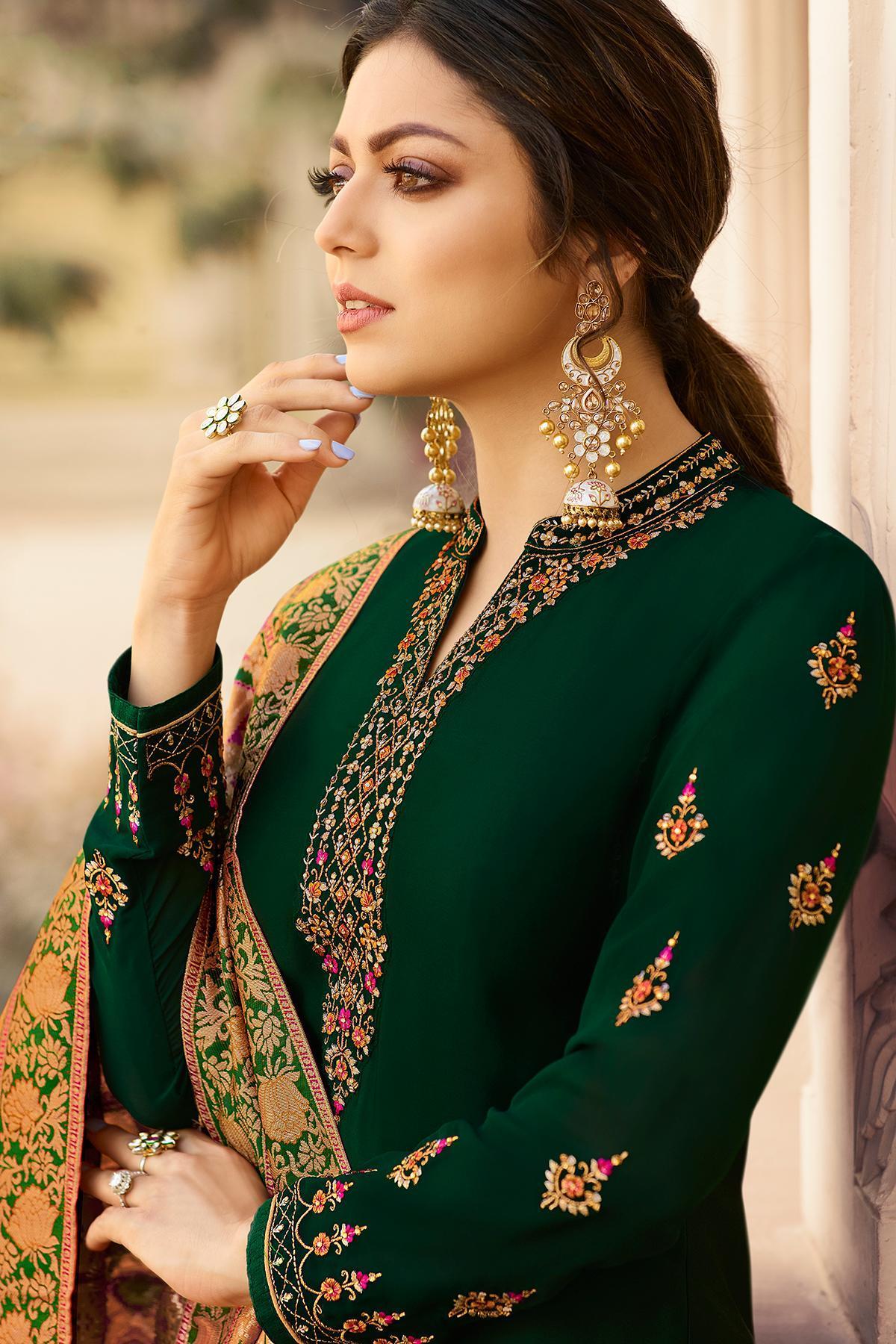 Pine Green Embroidered Straight Suit