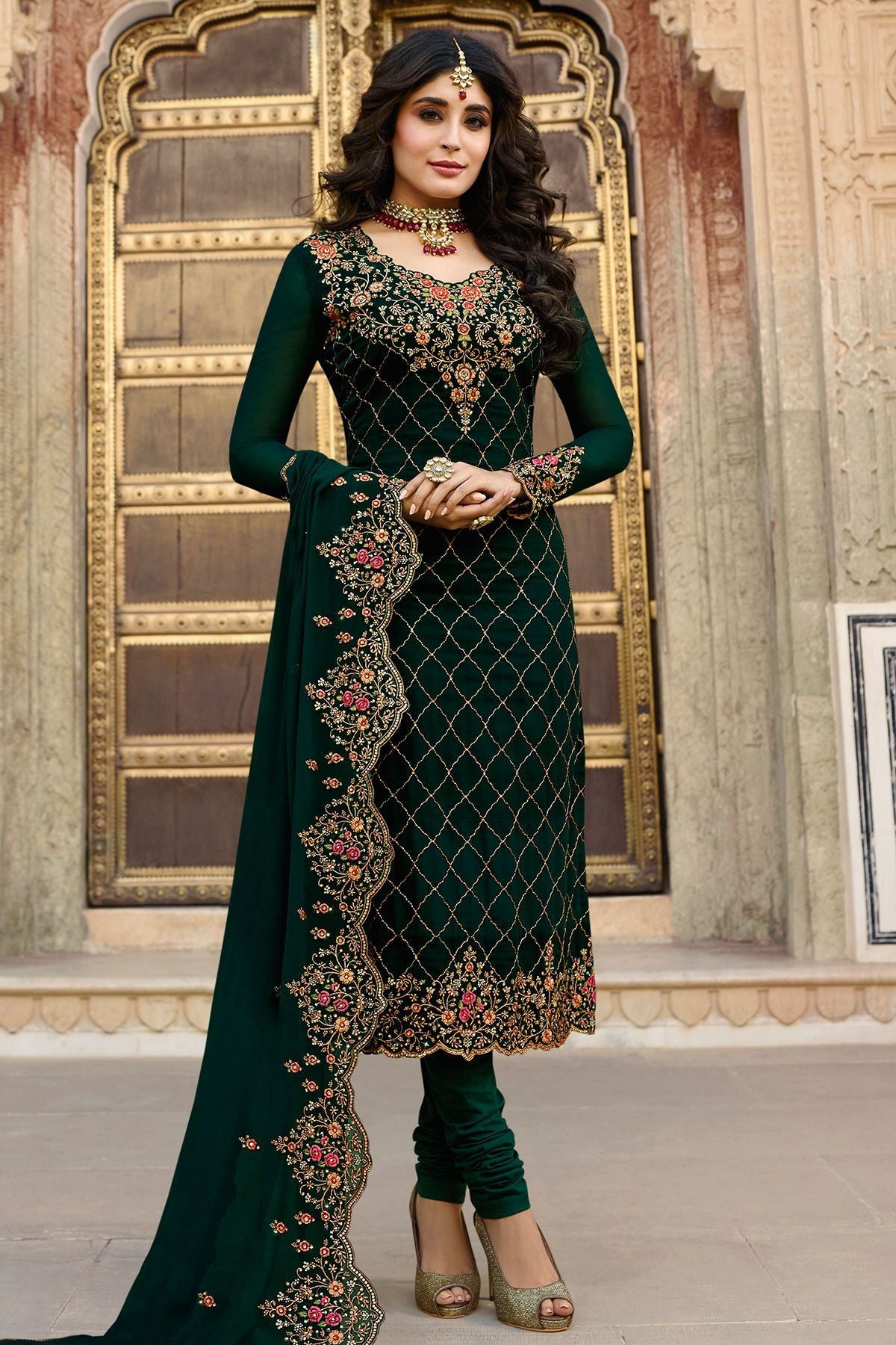 Pine Green Georgette Casual Straight Suit
