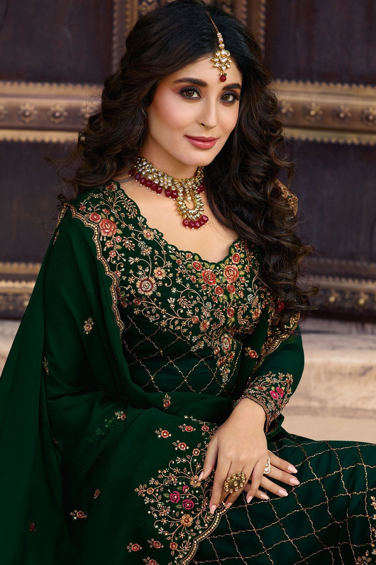Pine Green Georgette Casual Straight Suit