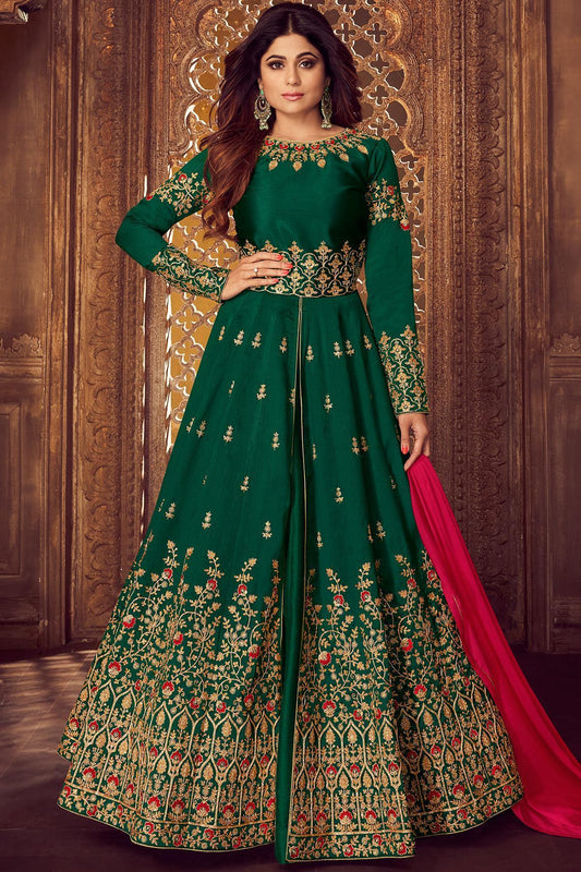 Pine Green Silk Party Wear Anarkali Suit