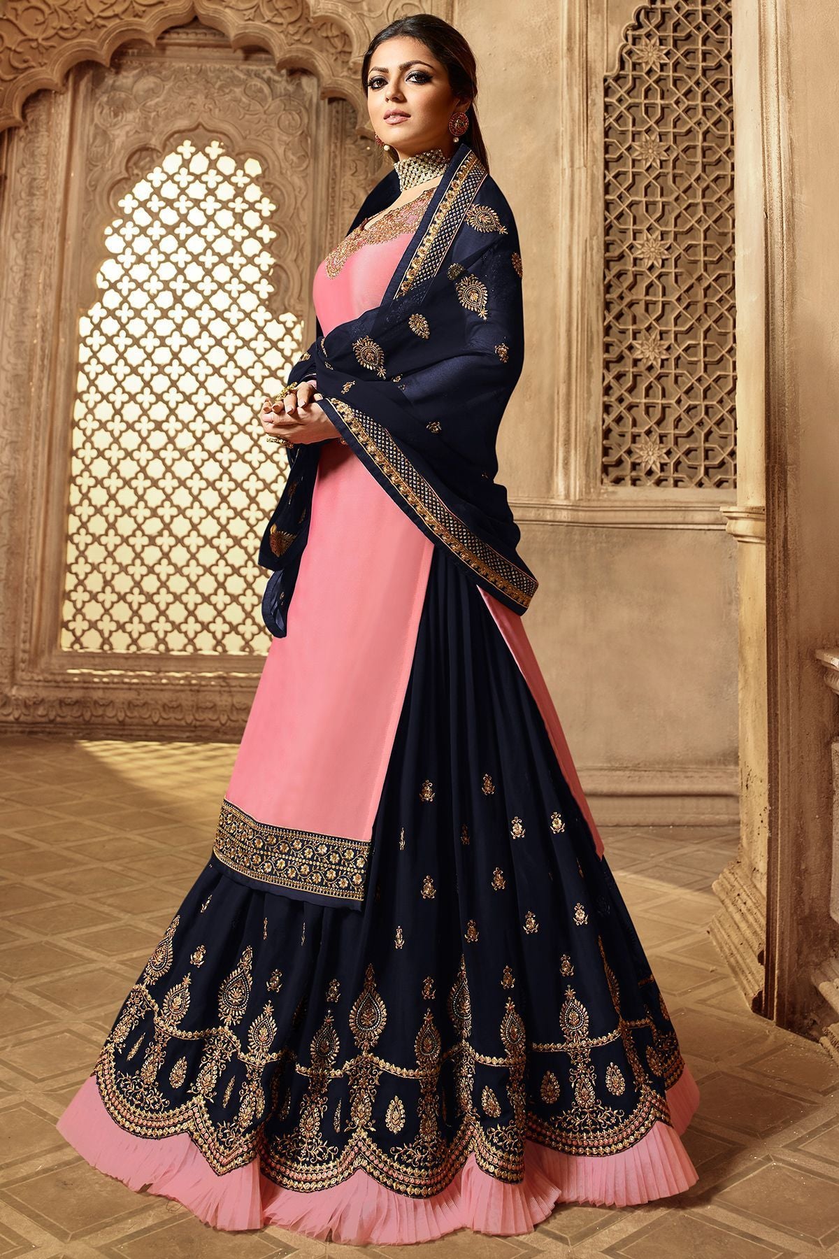 Pink And Blue Designer Lehenga Kurti Set