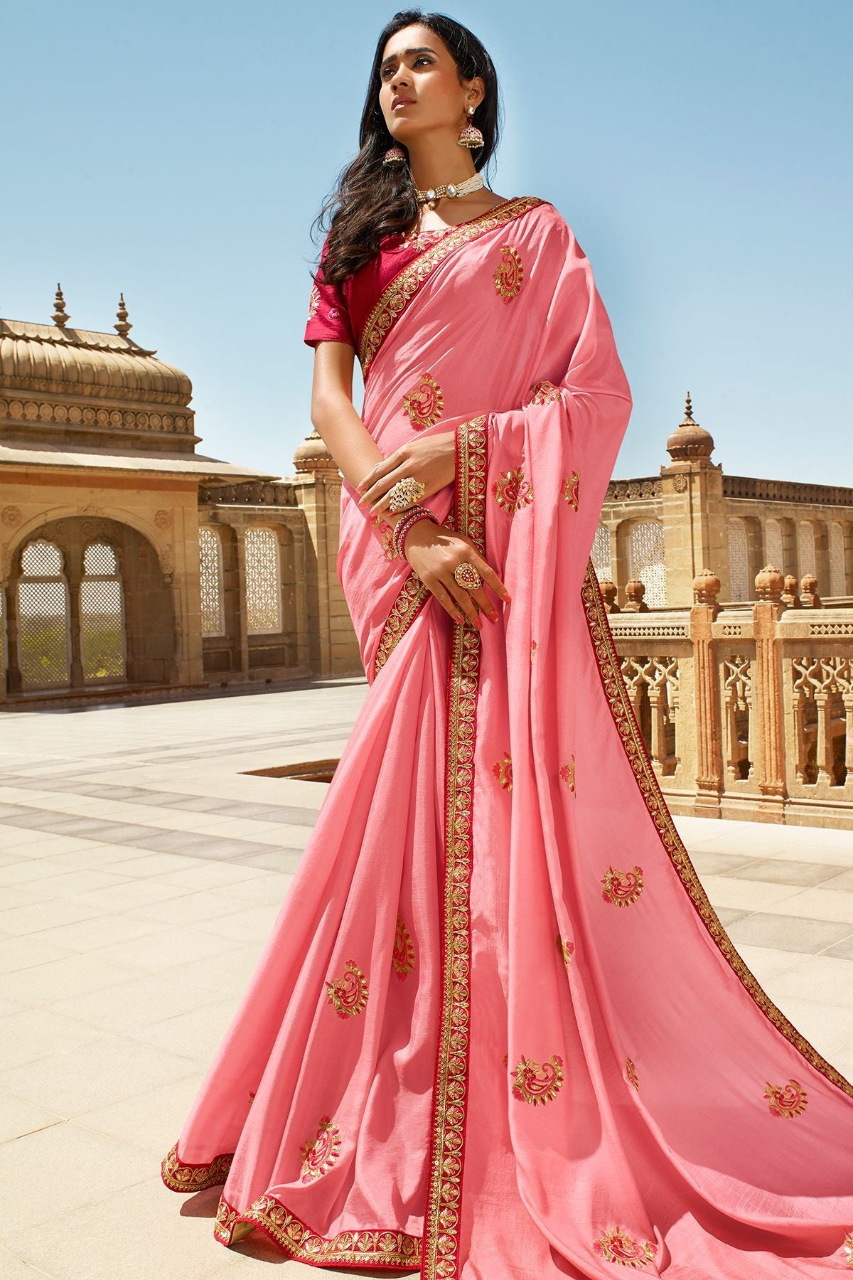 Pink and Candy Red Dola Silk Sari