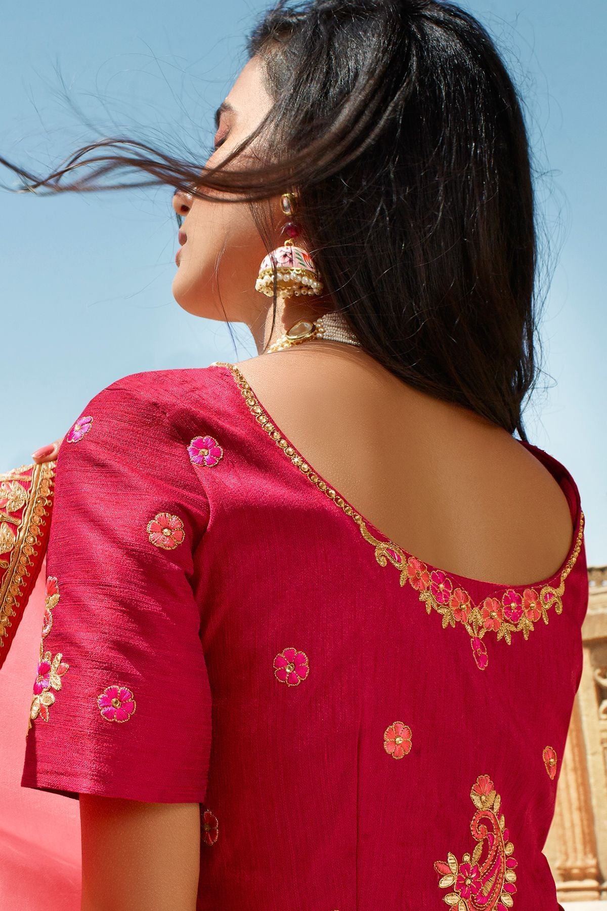 Pink and Candy Red Dola Silk Sari