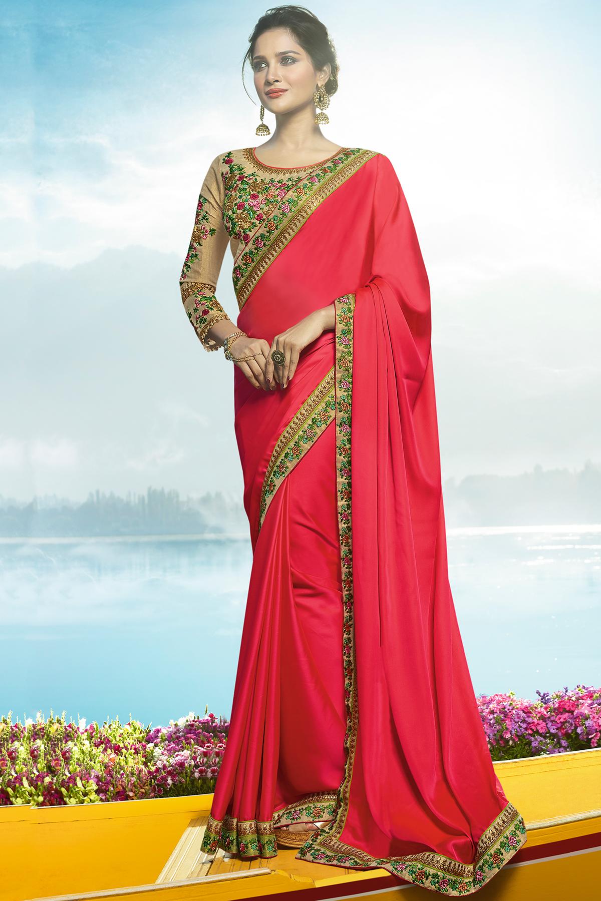 Pink and Golden Designer Silk Sari