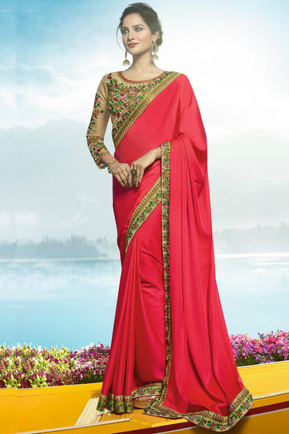 Pink and Golden Designer Silk Sari