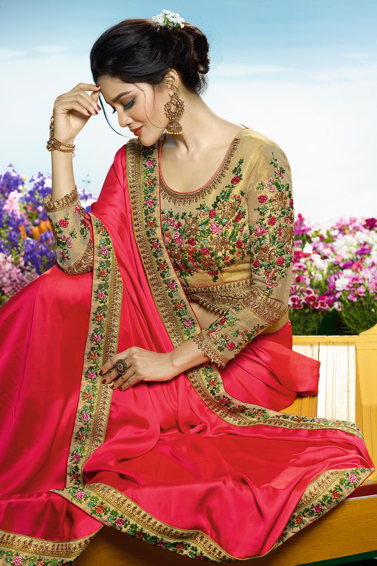 Pink and Golden Designer Silk Sari