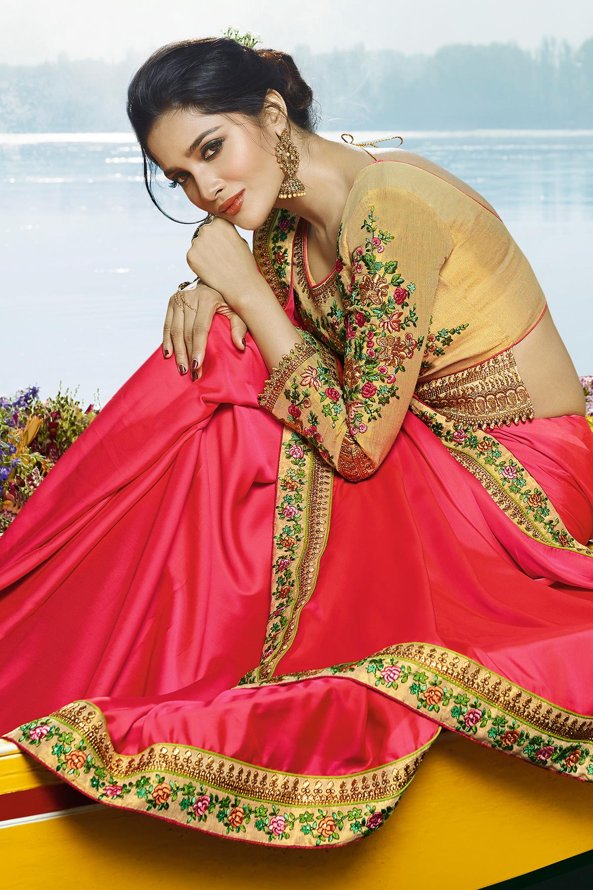 Pink and Golden Designer Silk Sari