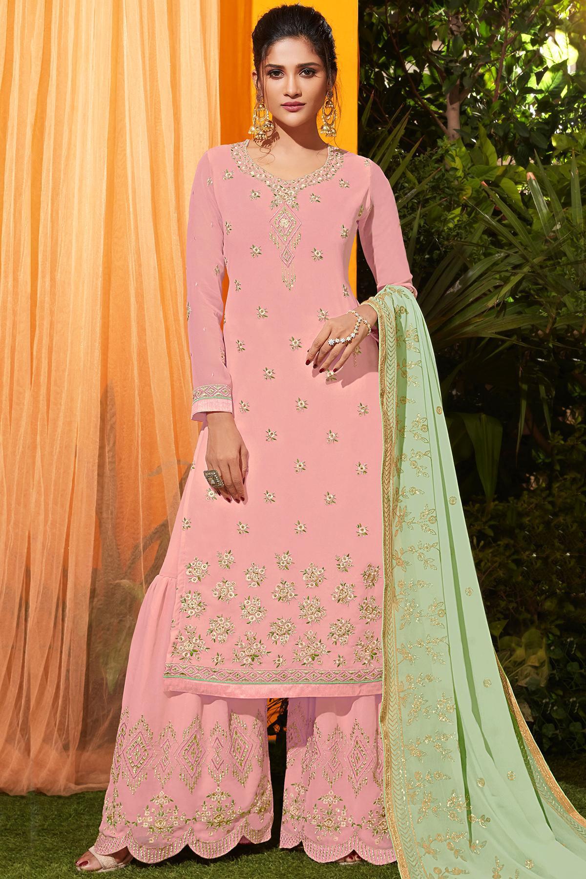 Pink And Mint Green Designer Gharara Suit