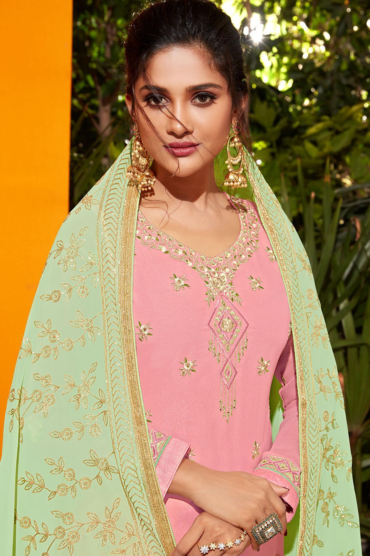 Pink And Mint Green Designer Gharara Suit
