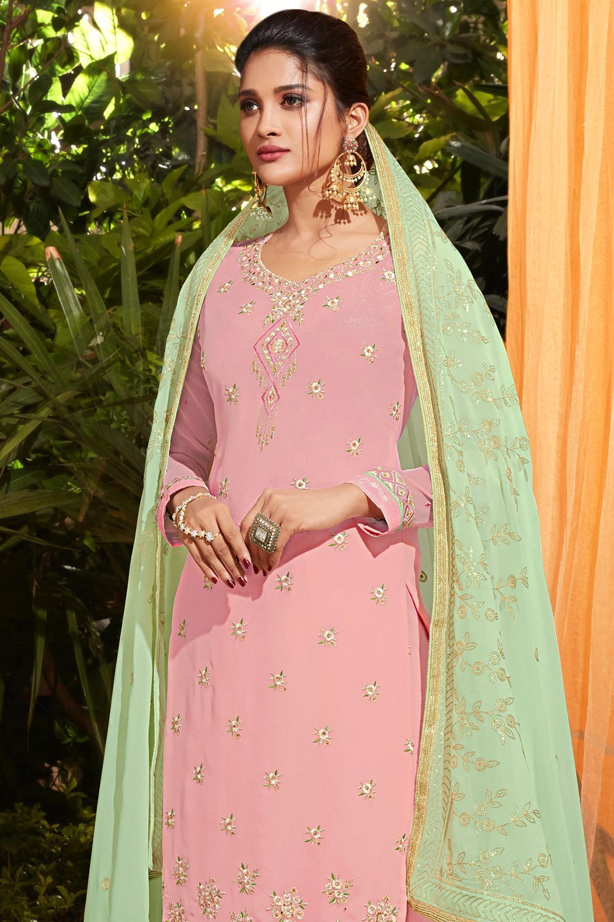 Pink And Mint Green Designer Gharara Suit