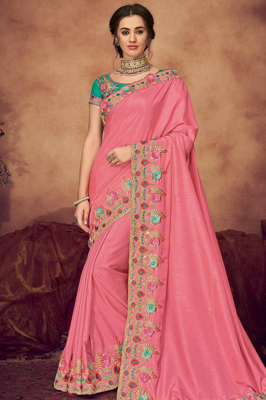 Pink and Ocean Blue Designer Fancy Fabric Saree