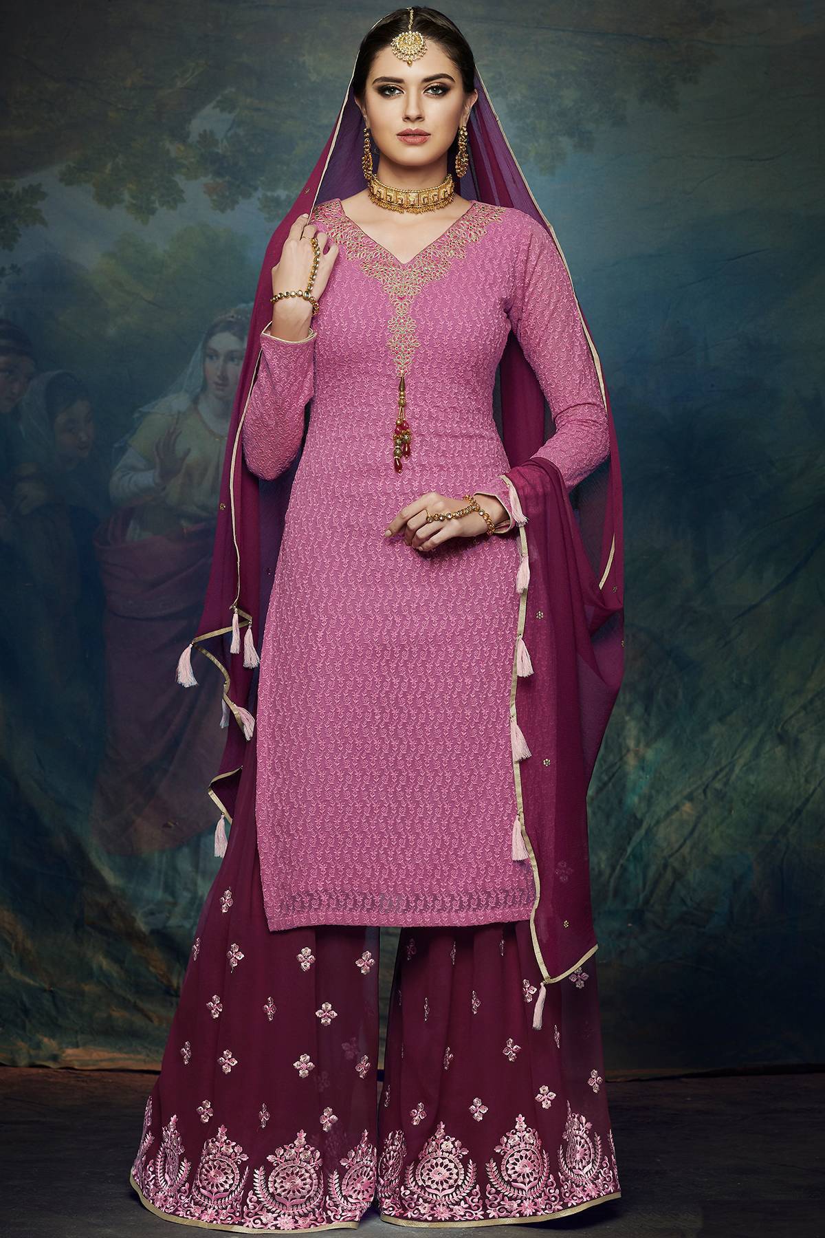 Pink And Wine embroidered Palazzo Suit