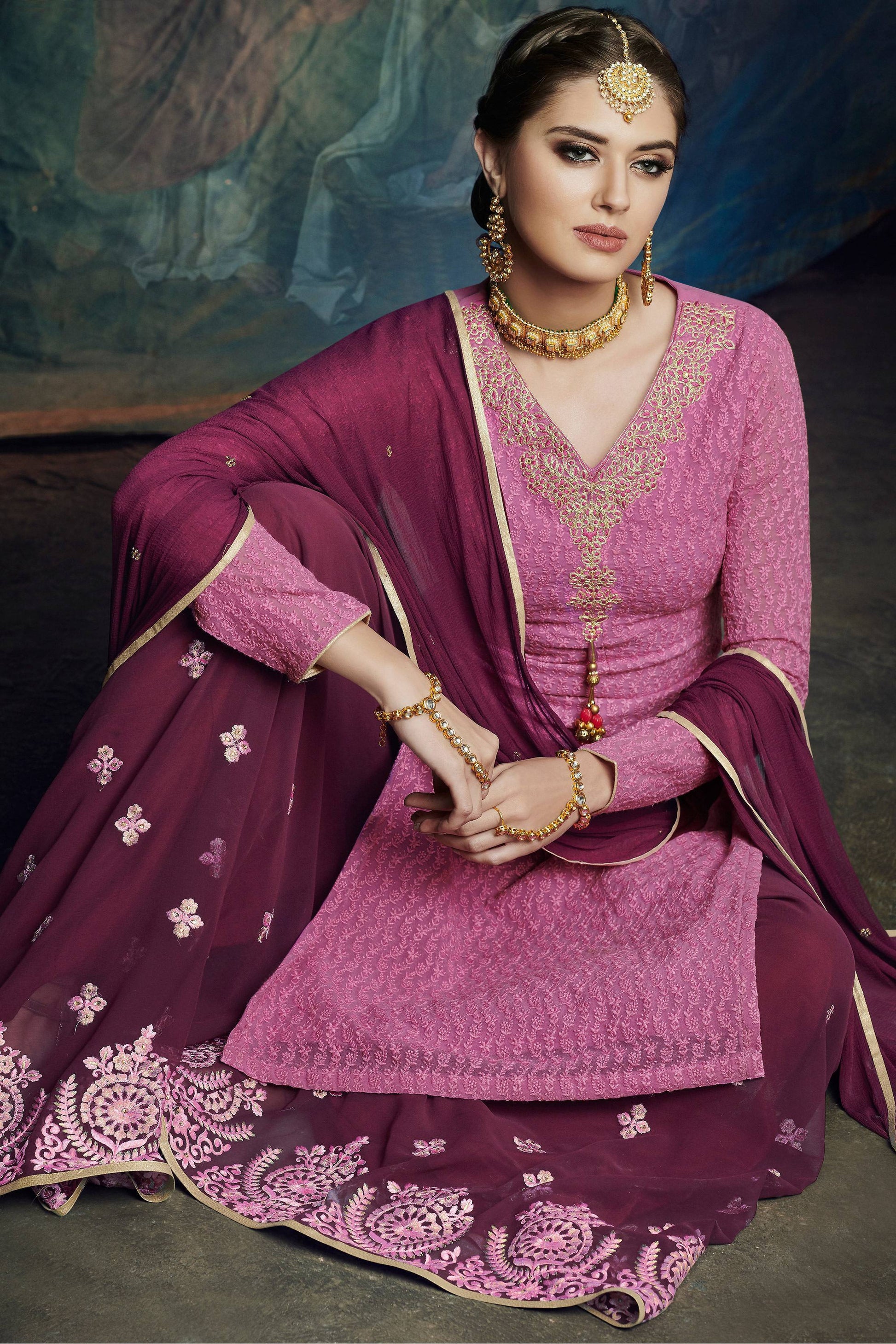 Pink And Wine embroidered Palazzo Suit
