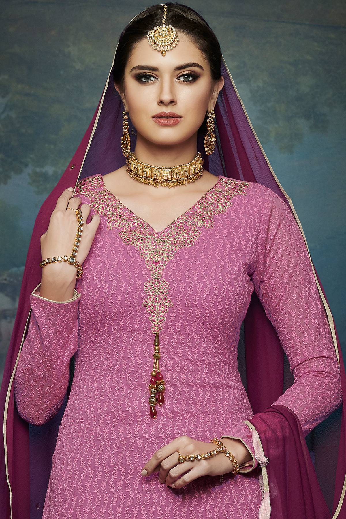 Pink And Wine embroidered Palazzo Suit