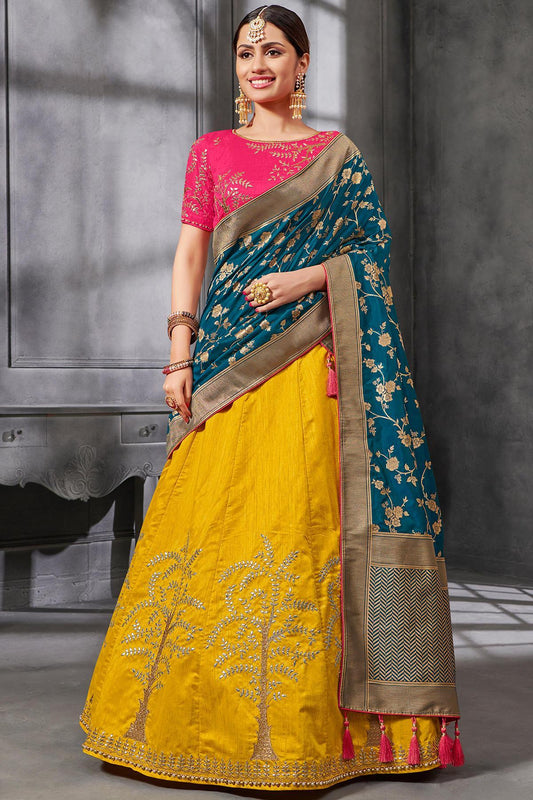 Pink and Yellow Silk Lehenga Choli