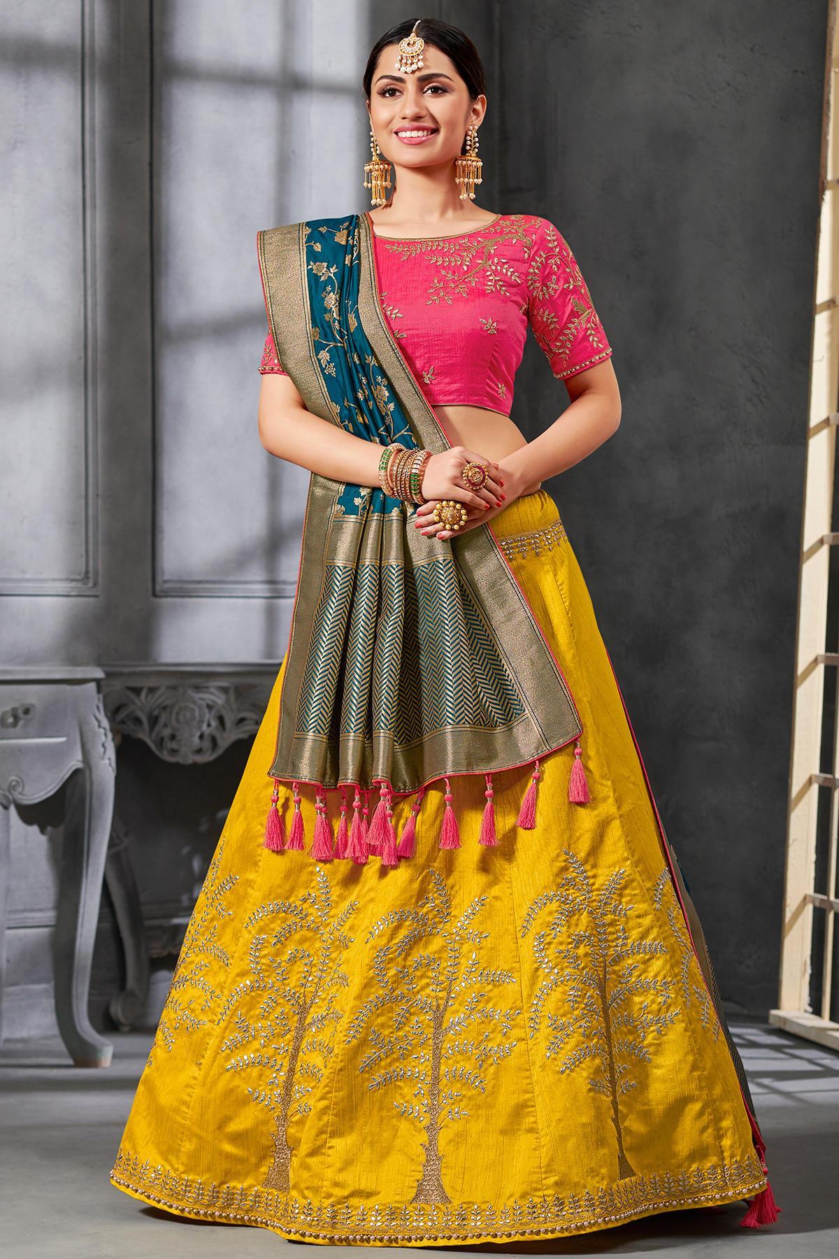 Pink and Yellow Silk Lehenga Choli