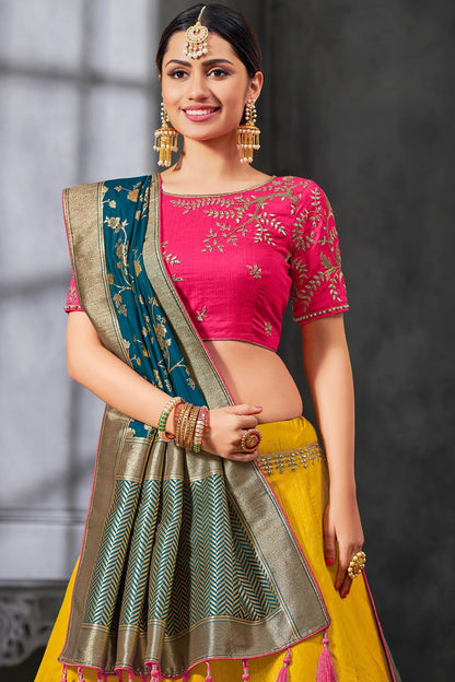 Pink and Yellow Silk Lehenga Choli
