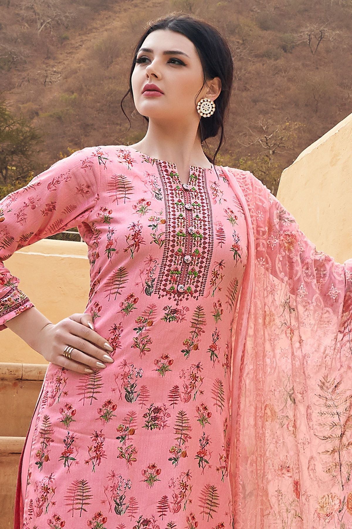 Pink Cotton casual Wear Straight Suit