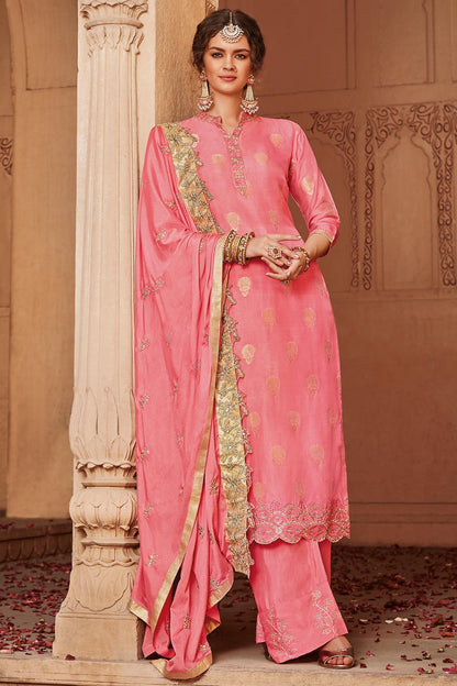 Pink Designer Banarasi Jacquard Palazzo Suit