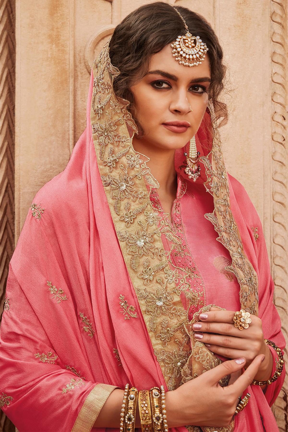 Pink Designer Banarasi Jacquard Palazzo Suit