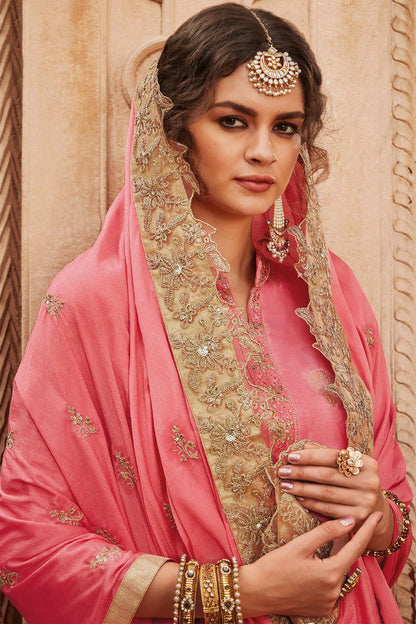 Pink Designer Banarasi Jacquard Palazzo Suit