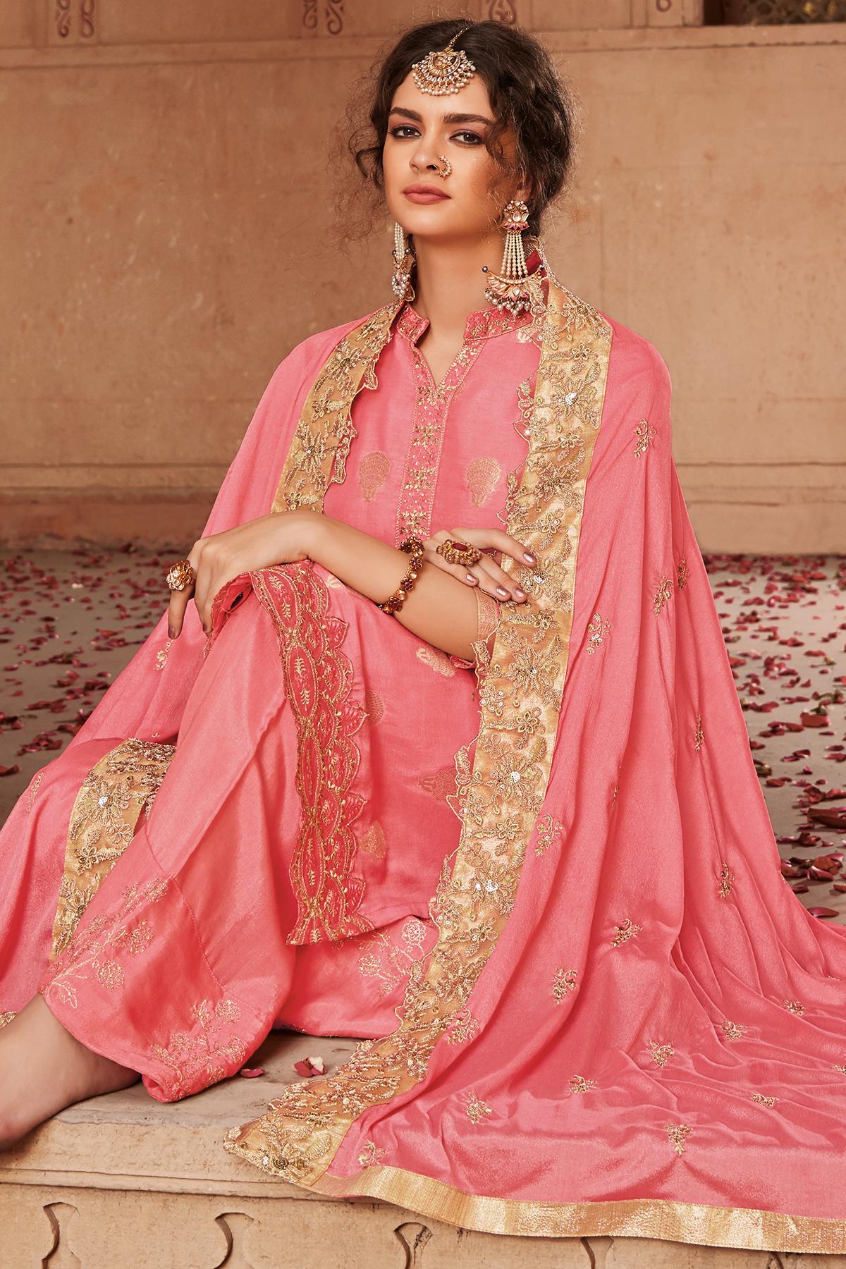 Pink Designer Banarasi Jacquard Palazzo Suit