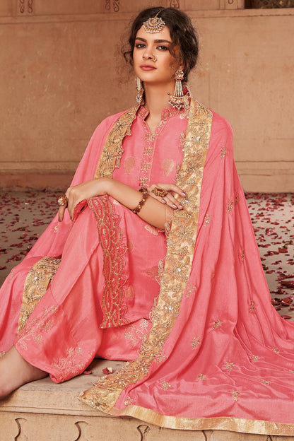 Pink Designer Banarasi Jacquard Palazzo Suit