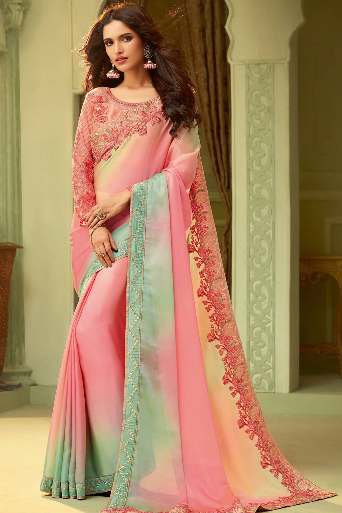 Pink Designer Silk Sari