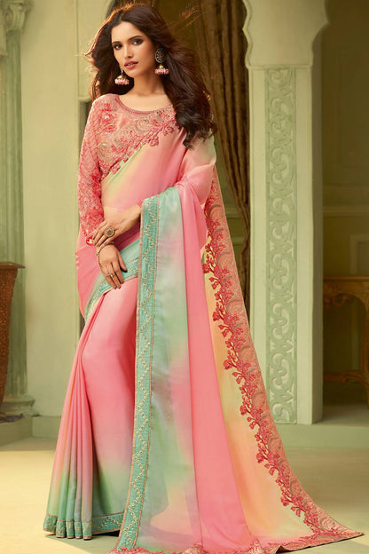 Pink Designer Silk Sari