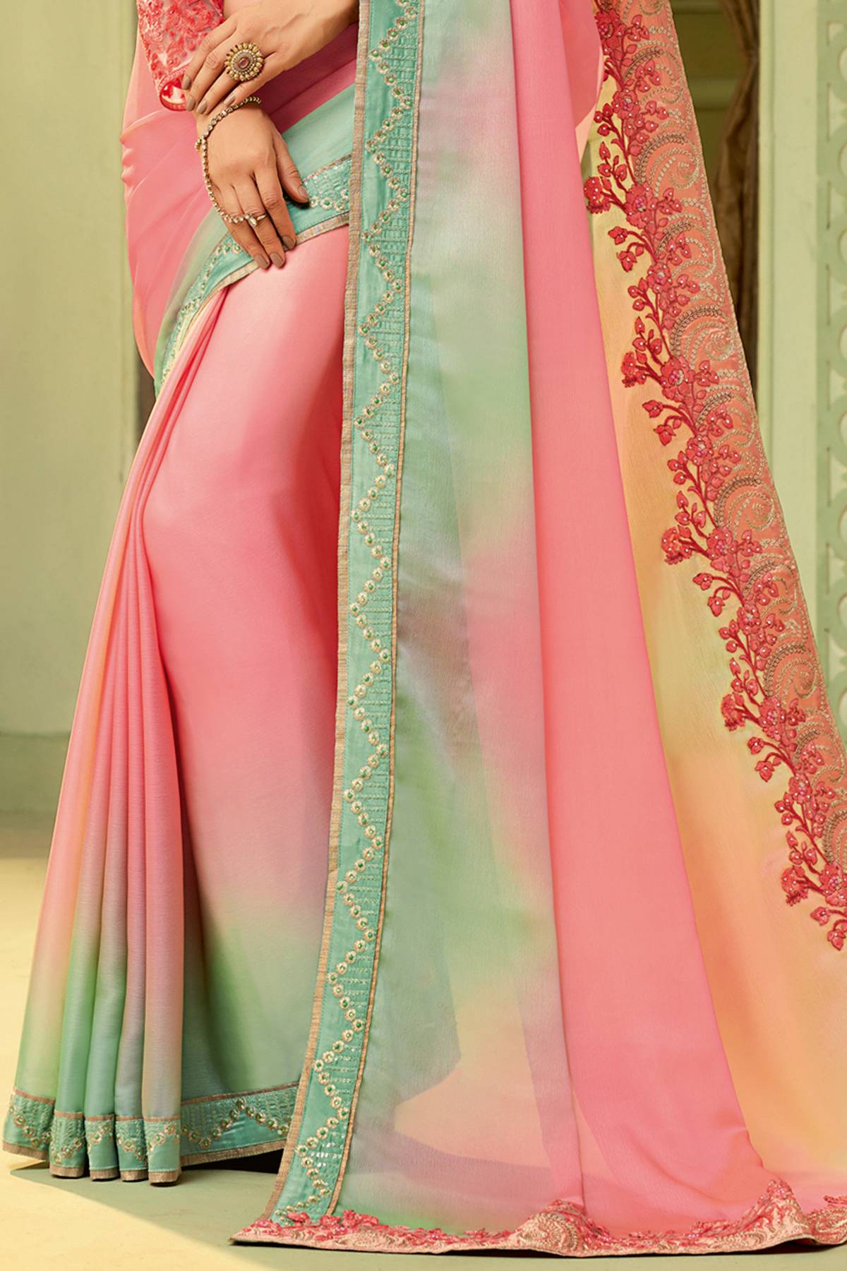 Pink Designer Silk Sari