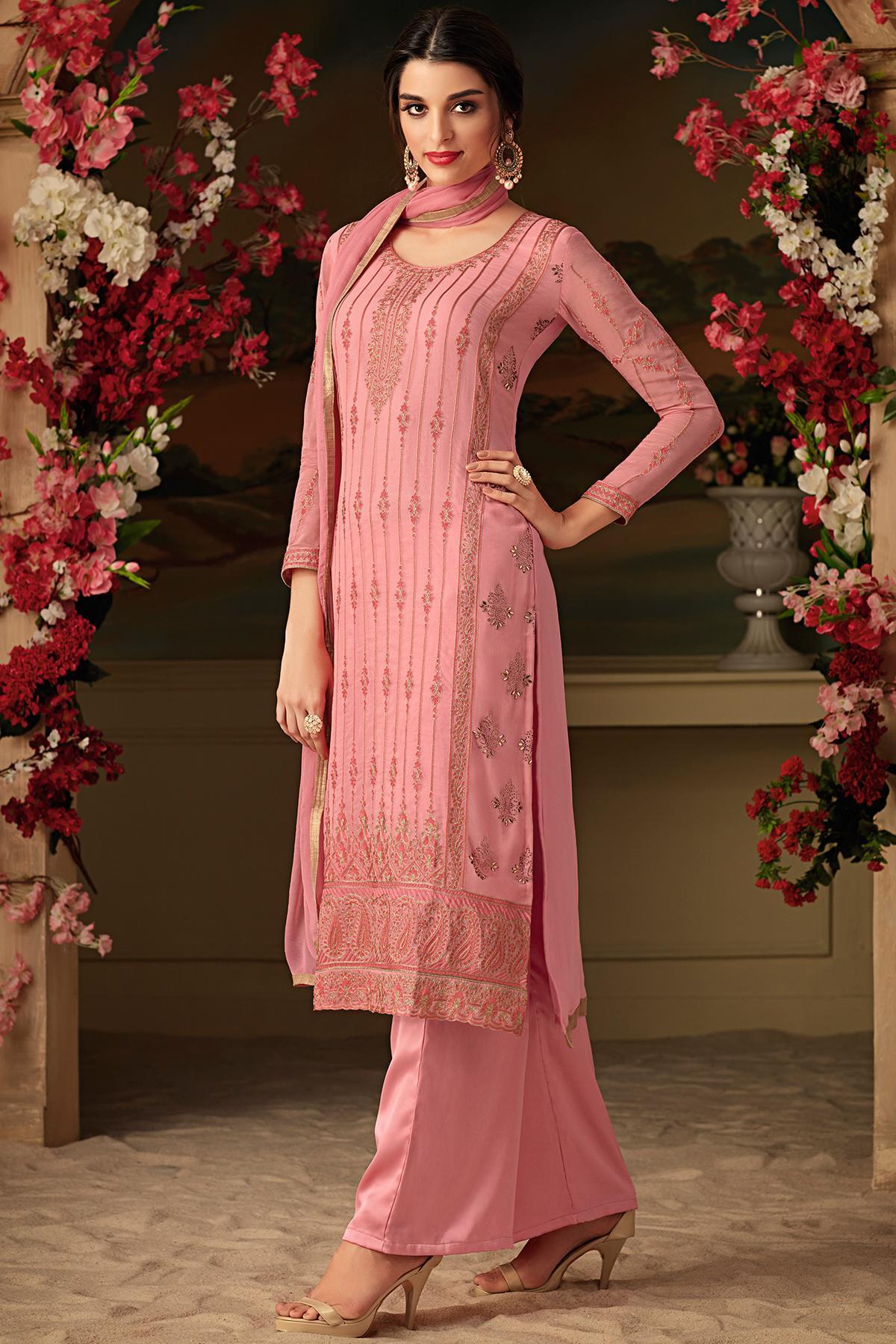 Pink Embroidered Designer Casual Suit