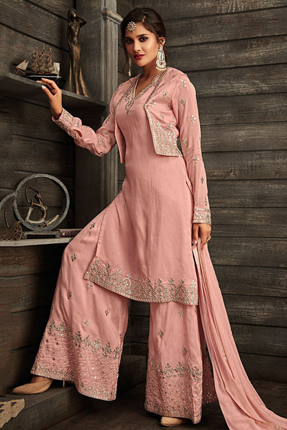 Pink Embroidered Party Wear Palazzo Suit