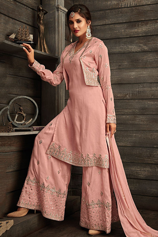 Pink Embroidered Party Wear Palazzo Suit