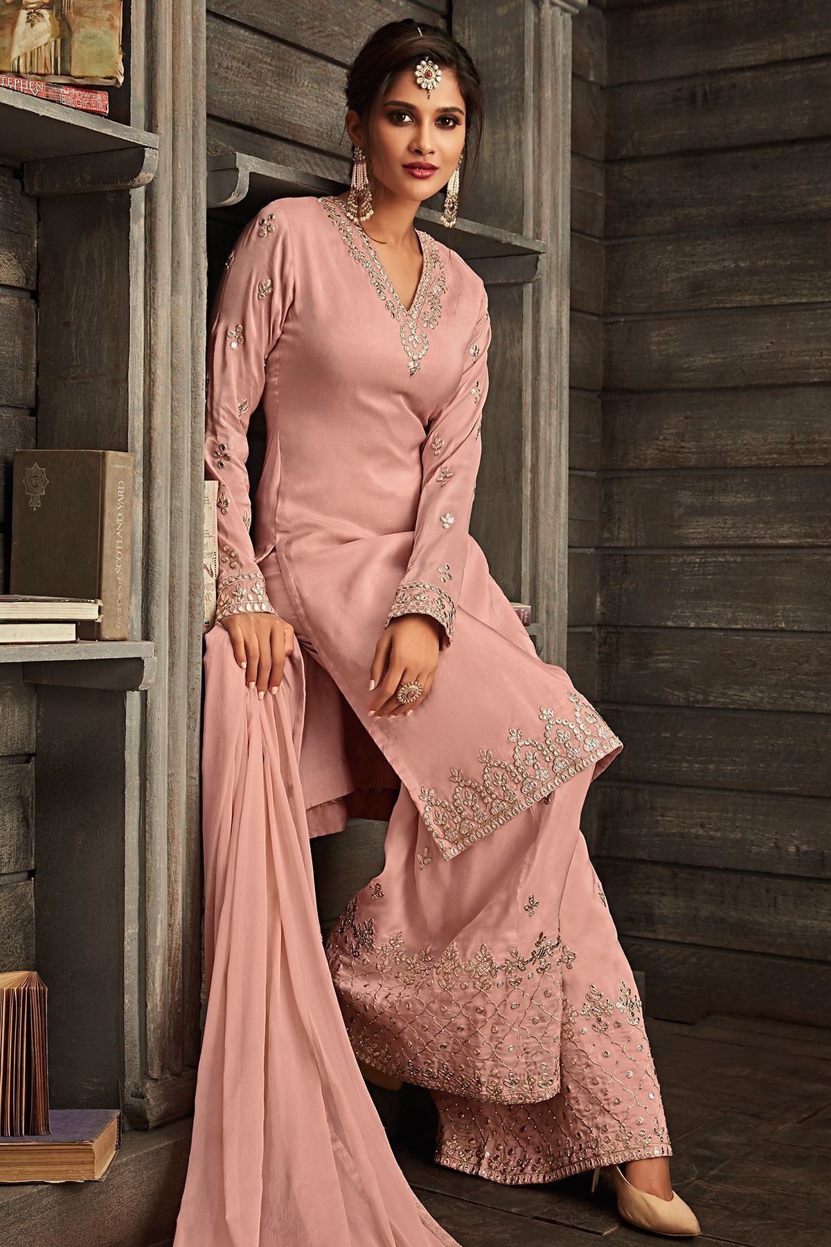 Pink Embroidered Party Wear Palazzo Suit